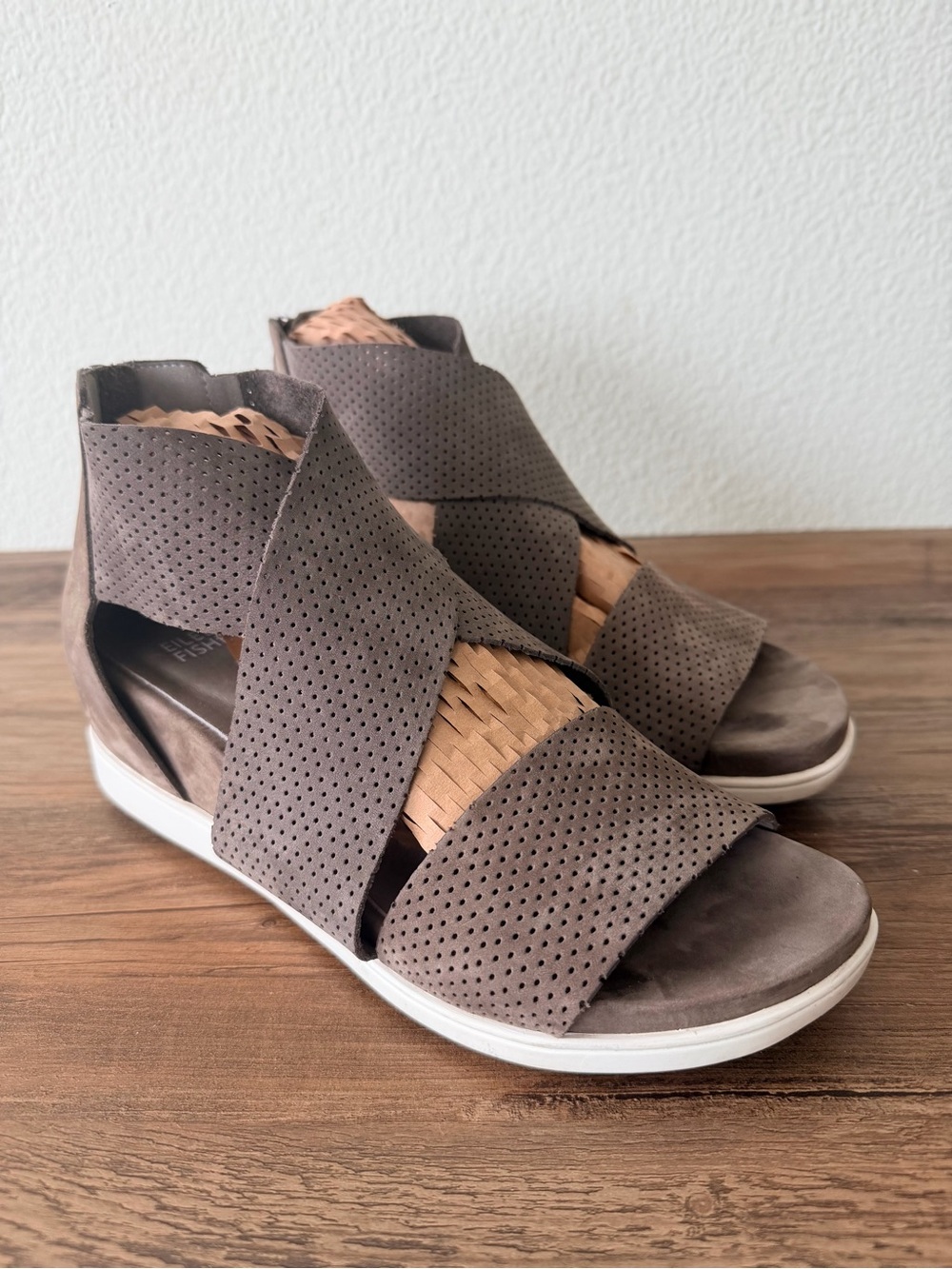Eileen Fisher Willow Perforated Leather Wedge Sandal Brown-Grey/Dark Taupe (8.5)